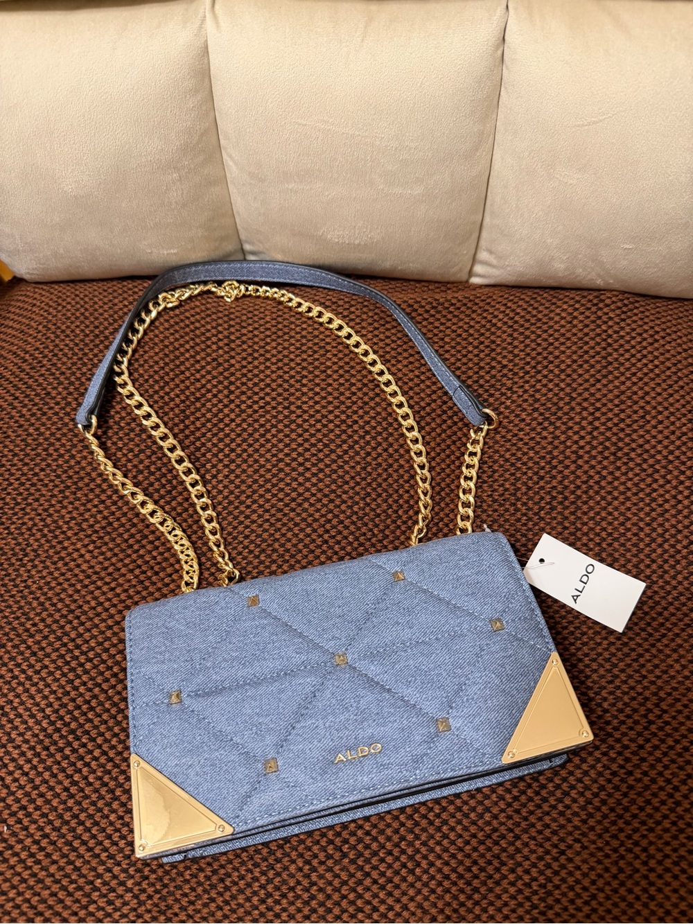 ALDO Denim-Textured Blue Quilted Crossbody with Gold Hardware